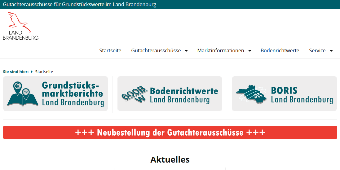 öffnet Foto und zeigt die Ansicht der Startseite der Webseite Gutachterausschüsse für Grundstückswerte 
