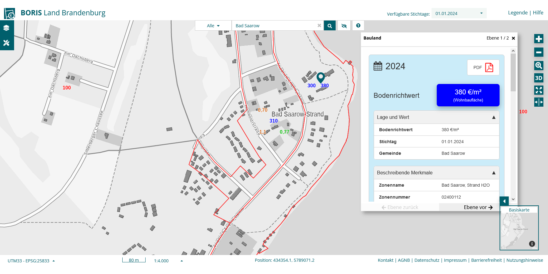 öffnet Screenshot aus dem Bodenrichtwertportal BORIS in Bad Saarow