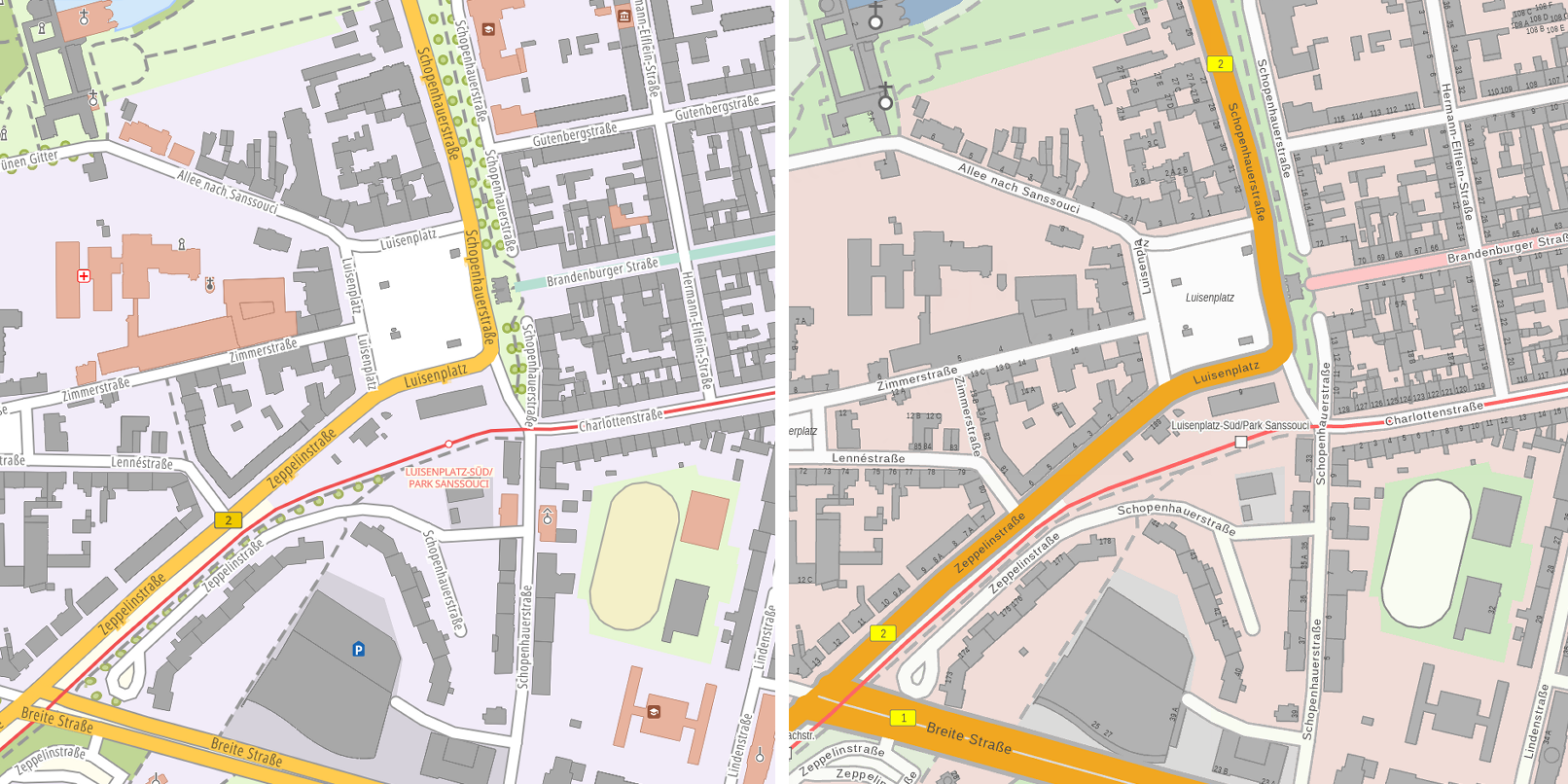 öffnet Screenshot mit einem Kartenvergleich: links die neue Online-Karte basemap.de; rechts der alte WebAtlasDE 