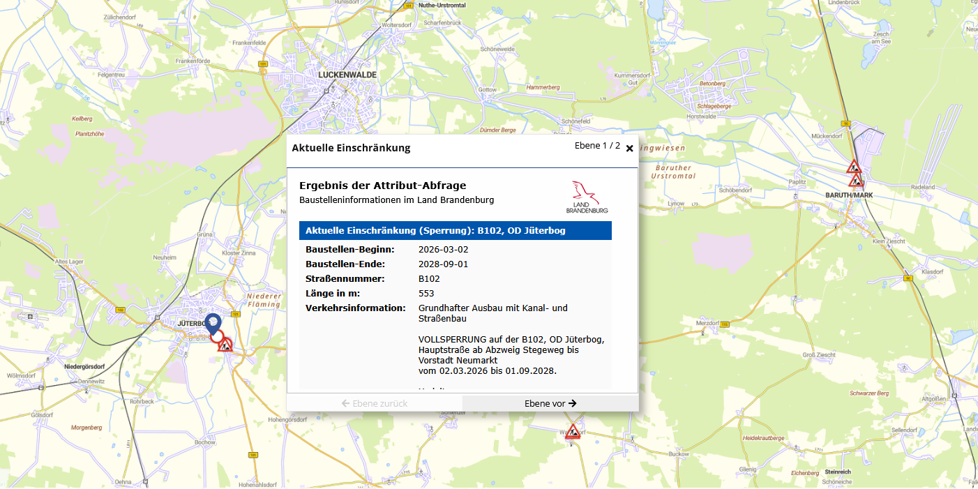Dienst Baustelleninformationen im GEOPORTAL Brandenburg