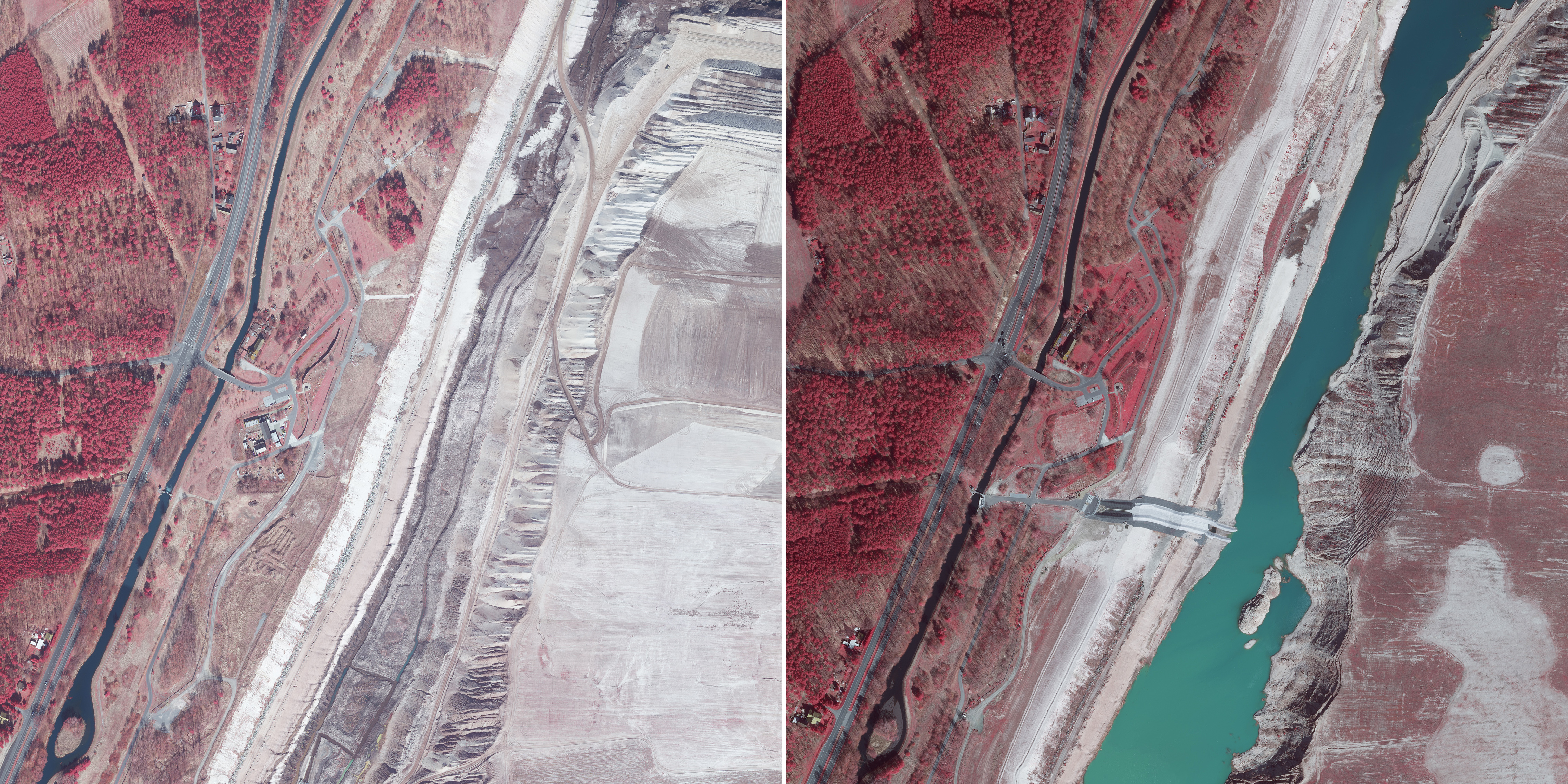 öffnet Digitale Orthophotos DOP 10 (Infrarot) des Cottbuser Ostsees vor der Flutung (2012) und nach begonnener Flutung (2019)