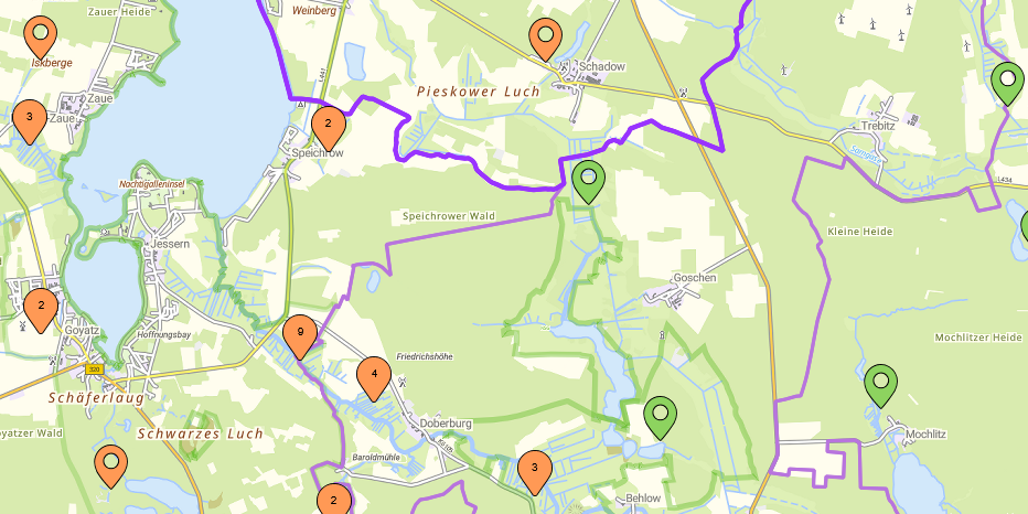 öffnet Screenshot mit Geomaerker-Eintragungen im BRANDENBURGVIEWER: noch unbearbeitete Meldungen sind orange, bereits geänderte Meldungen grün gekennzeichnet 