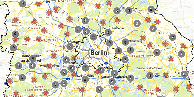 öffnet Screenshot aus der Karte mit den Standorten der Katastrophenschutz-Leuchttürme im Land Brandenburg