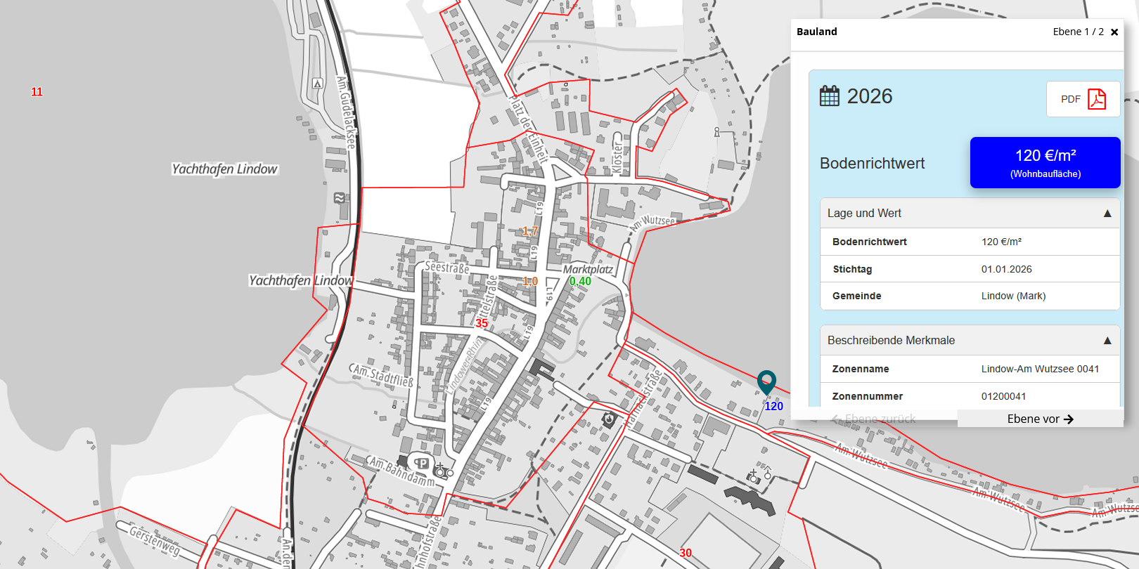 öffnet Screenshot mit dem Ort Lindow (Mark) am Wutzsee: Die aktuellen Bodenrichtwerte werden aus dem Bodenrichtwertportal BORIS Brandenburg direkt im Kartenbild dargestellt.
