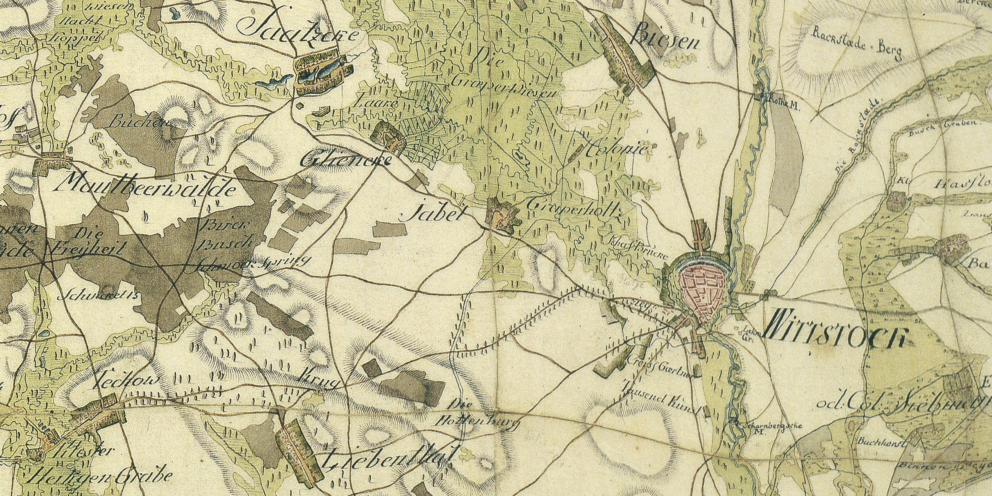 öffnet Abbildung mit einem Ausschnitt aus dem digitalen Schmettauschen Kartenwerk mit der Stadt Wittstock