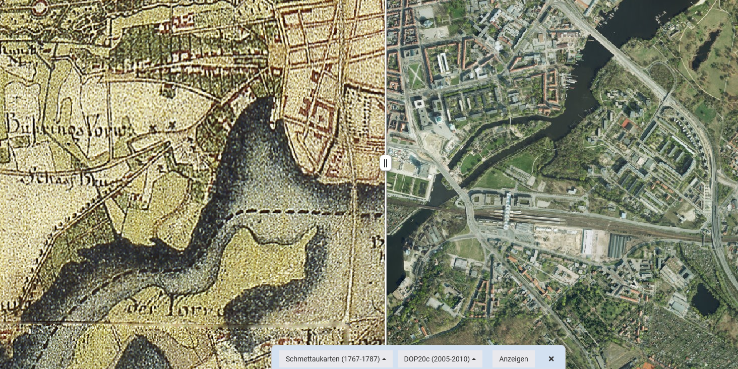 öffnet Screenshot aus dem BRANDEBURGVIEWER: Durch Potsdam streifen: in einer historischen Schmettaukarte (links) und einer historischen Luftbildaufnahme (rechts)