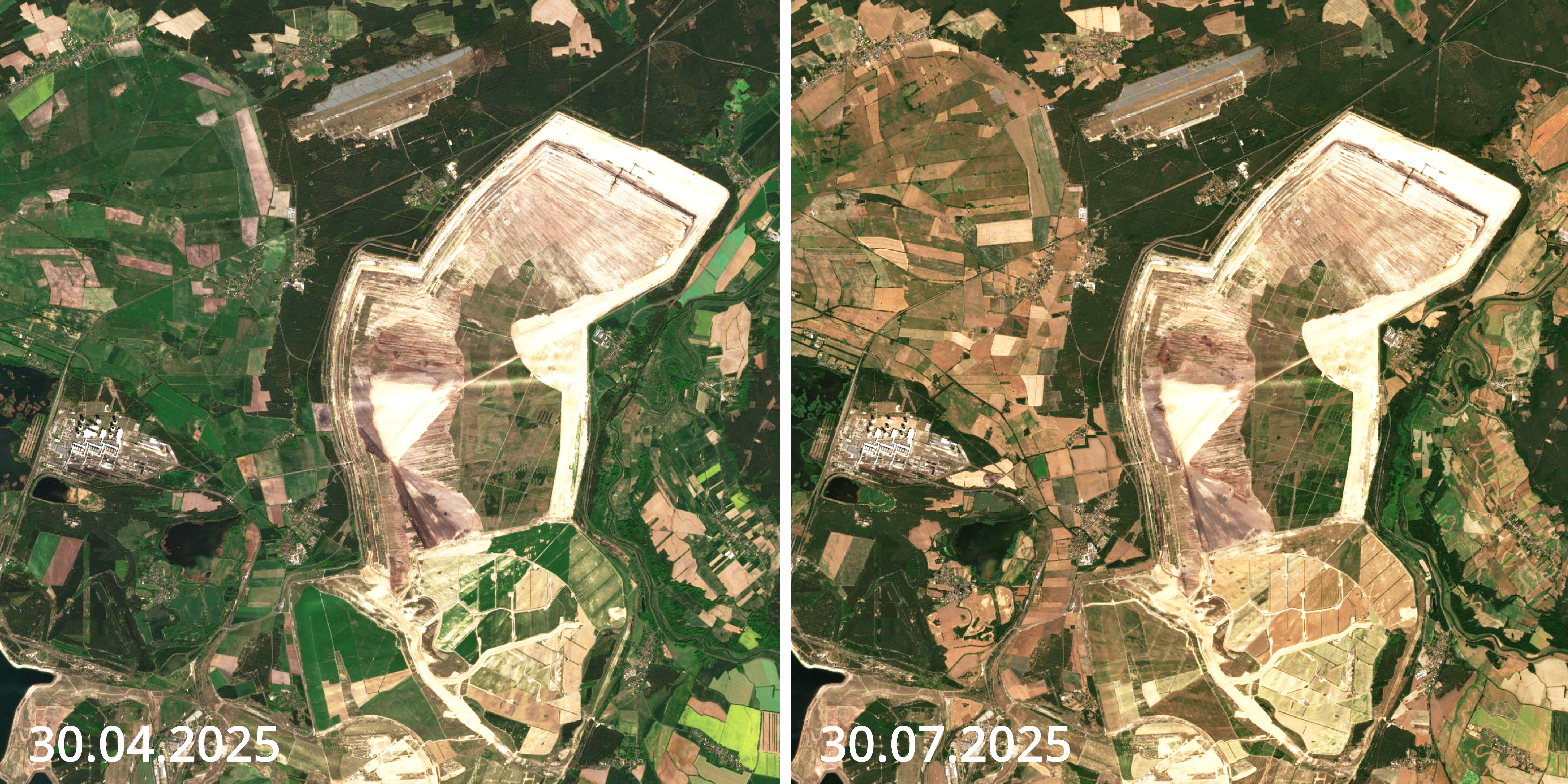 Abbildung zeigt drei Satellitenbilder vom Tagebau Jänschwalde und Umgebung im Zeitraum April bis September 2025