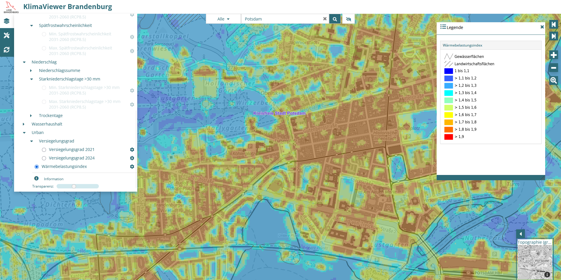 Screenshot aus dem neuen KlimaViewer mit dem Wärmebelastungsindex für Potsdam (erstellt durch ThINK GmbH Jena im Auftrag des Ministeriums für Wirtschaft, Arbeit, Energie und Klimaschutz Brandenburg)
