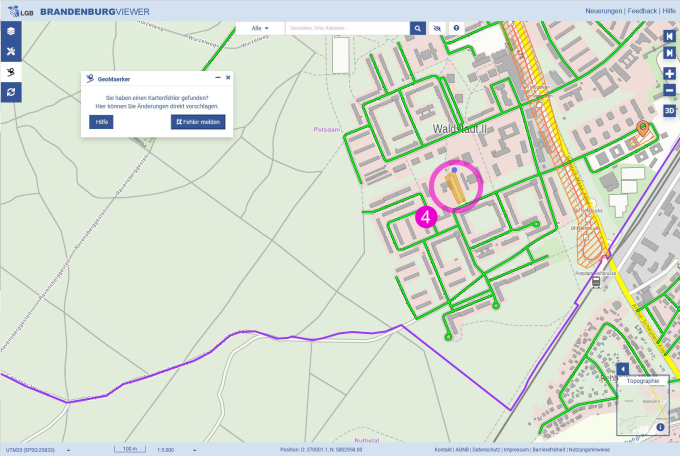 öffnet Ansicht vom BRANDENBURGVIEWER und zeigt wie Sie eine zu meldende Gemeindestraße markieren können.