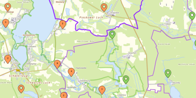 öffnet Screenshot mit Geomaerker-Eintragungen im BRANDENBURGVIEWER: noch unbearbeitete Meldungen sind orange, bereits geänderte Meldungen grün gekennzeichnet 